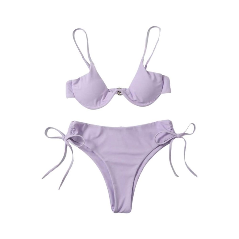She In Underwire Tie Side Bikini Swimsuit - Size S, Color: Lilac Purple
